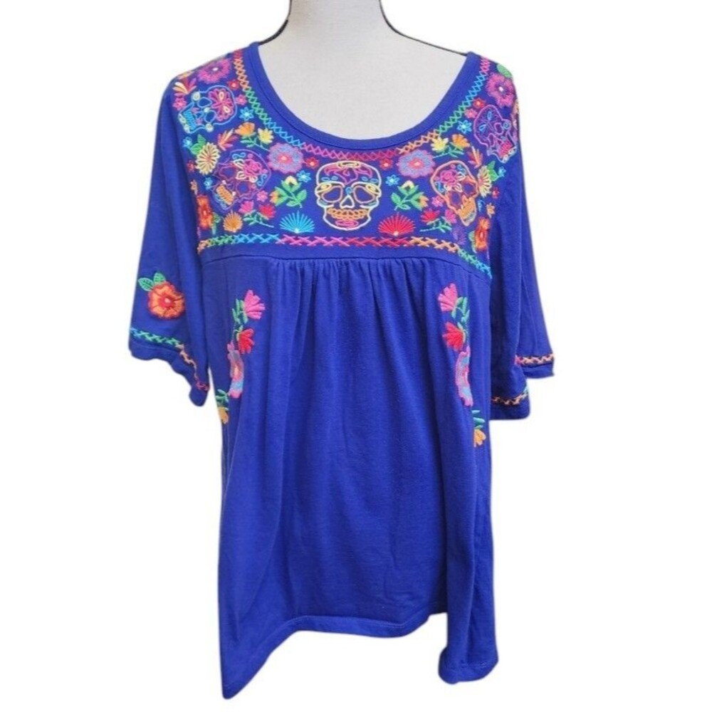 South  Main Day Of The Dead Embroidered Top Size Large Blue Sugar Skull